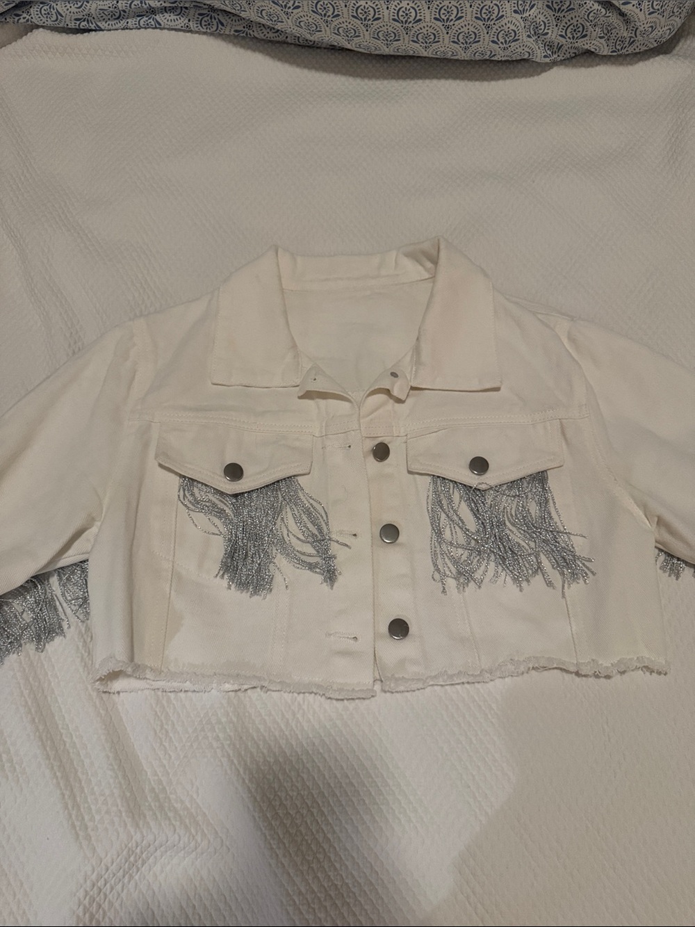 Cropped White Denim Jacket with Silver Fringe